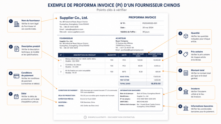Exemple de proforma invoice fournisseur chinois annotée avant paiement