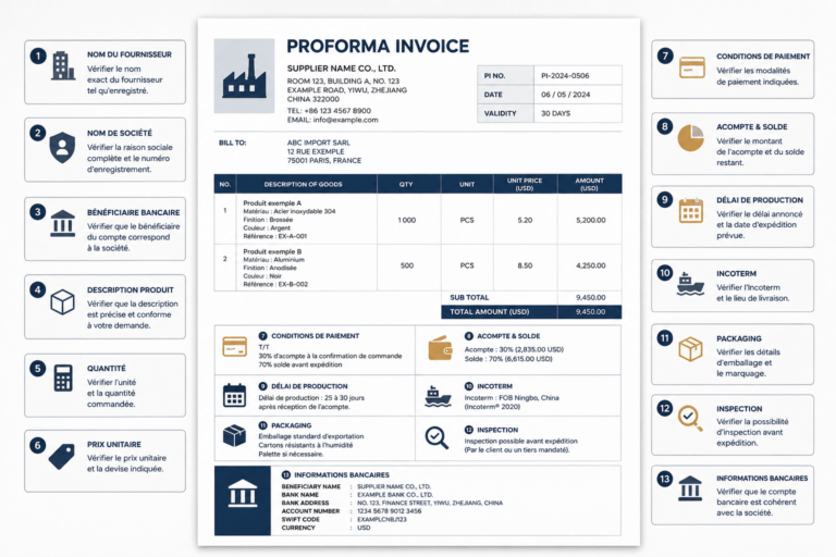 Exemple annoté de proforma invoice avec points à vérifier